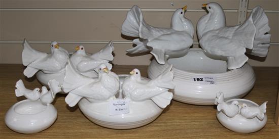 Five South American white glaze dove bowls longest 35cm